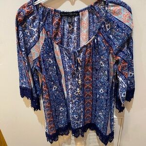 French Laundry Blue and Orange Patterned Blouse